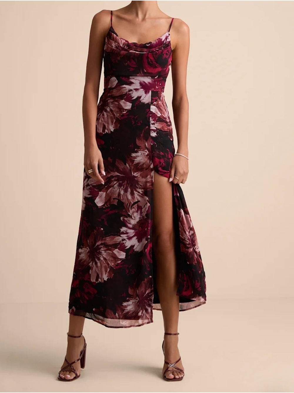 Lulu's Burgundy Floral Midi Slip Dress with Thigh Slit